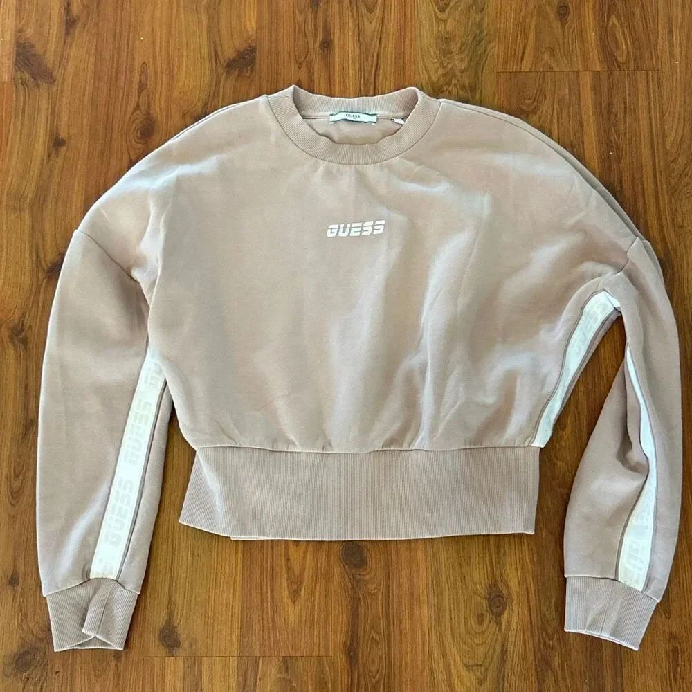 Guess blush mauve cropped waistband sweatshirt with under arm banding stripe log